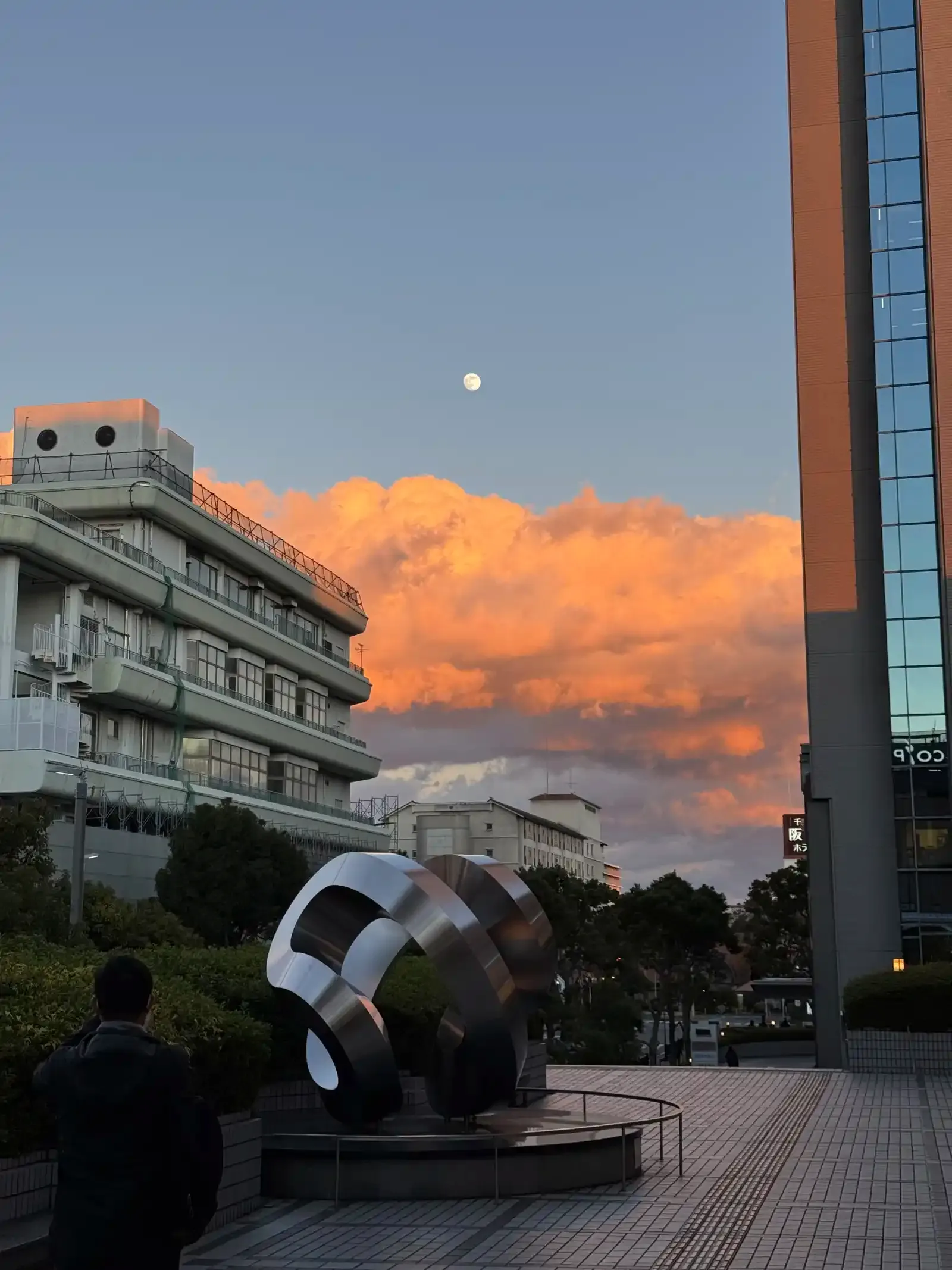 萬博紀念公園傍晚的月亮與晚霞