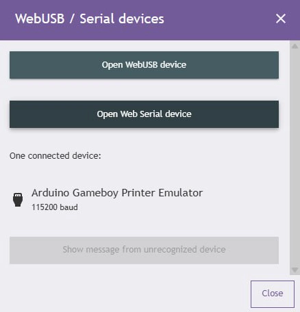 Arduino Gameboy Printer Emulator 已經以 115200 baud 連線